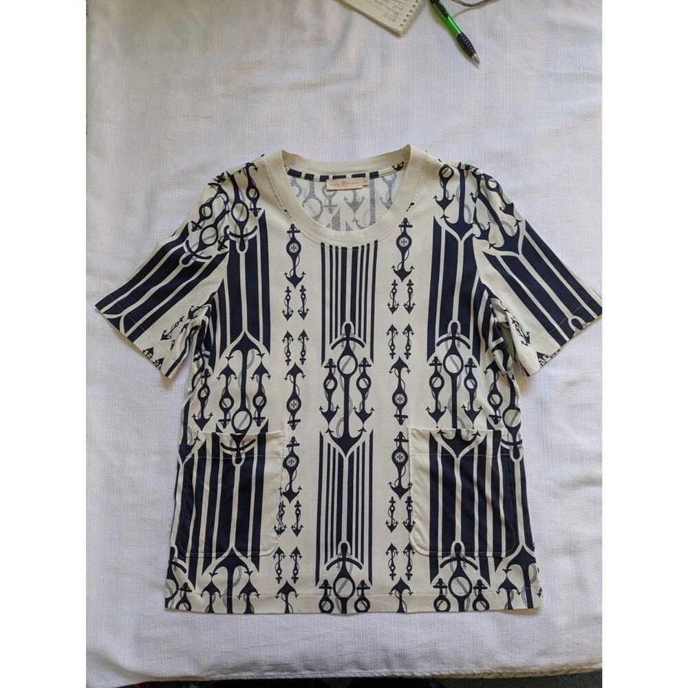 Tory Burch Women’s White And Navy Nautical Seafaring Top Size Medium